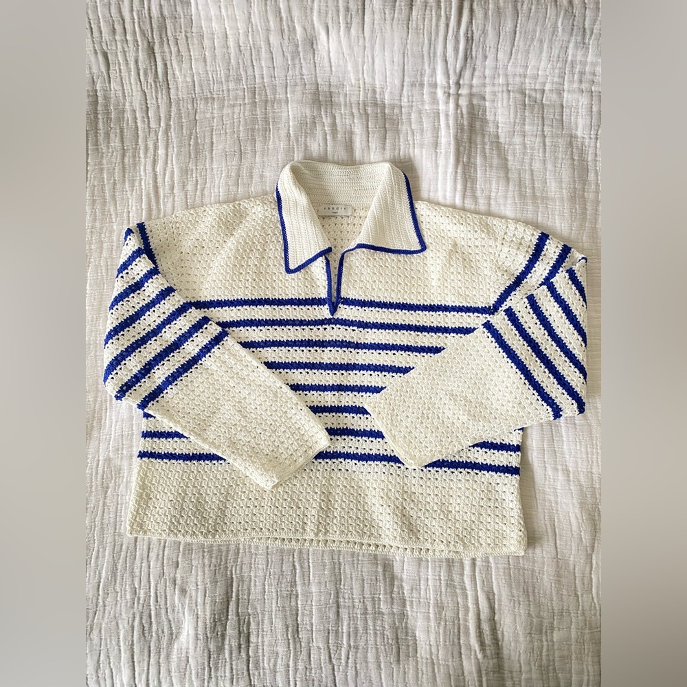SANDRO Elise Stripe Crochet Cropped White Navy V-Neck Sweater Size Eu2/usM - Picture 5 of 12